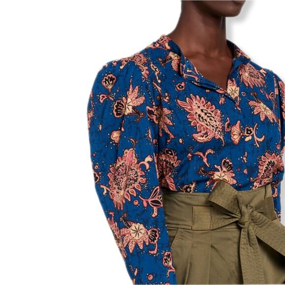 ALC Women Marci Abstract Floral Blouse 4 Blue Paisley Puff Shoulder Contemporary - Picture 5 of 12